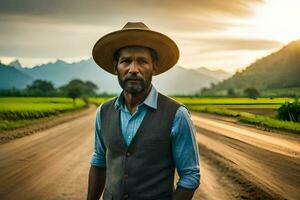 uma homem dentro uma chapéu em pé em uma sujeira estrada. gerado por IA foto