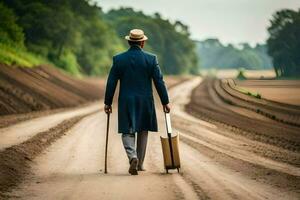 uma homem dentro uma terno e chapéu caminhando baixa uma sujeira estrada com uma mala de viagem e bengala. gerado por IA foto