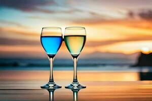 dois óculos do vinho com colorida líquido em a de praia. gerado por IA foto