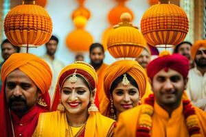 uma grupo do pessoas dentro laranja turbantes. gerado por IA foto