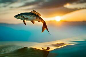 uma peixe pulando Fora do a água às pôr do sol. gerado por IA foto