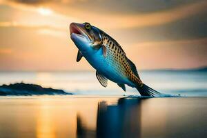 uma peixe pulando Fora do a água às pôr do sol. gerado por IA foto