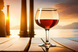 uma vidro do vinho em uma de madeira mesa. gerado por IA foto