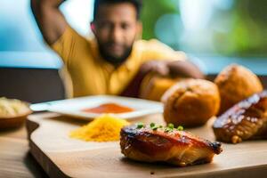 uma homem sentado às uma mesa com Comida em isto. gerado por IA foto