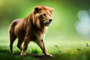 uma leão caminhando dentro a grama. gerado por IA foto