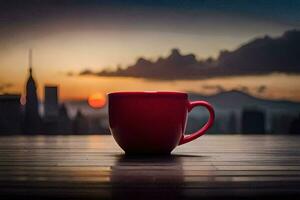 uma vermelho café copo senta em uma de madeira mesa dentro frente do uma cidade Horizonte. gerado por IA foto