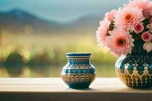 Rosa flores dentro uma vaso em uma mesa. gerado por IA foto