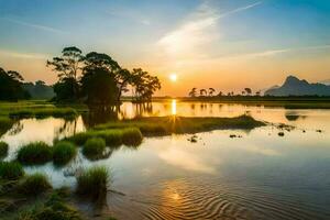 a Sol conjuntos sobre uma lago dentro tailândia. gerado por IA foto