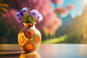 uma colorida vaso com roxa flores em uma mesa. gerado por IA foto