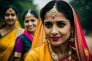 três mulheres dentro tradicional saris. gerado por IA foto