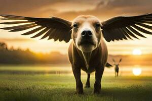uma cachorro com asas em Está costas dentro a grama. gerado por IA foto