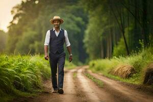 uma homem dentro uma chapéu e colete caminhando baixa uma sujeira estrada. gerado por IA foto