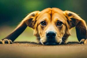 uma cachorro deitado em a terra com Está orelhas acima. gerado por IA foto