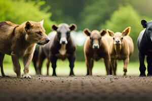 uma grupo do animais caminhando em uma estrada. gerado por IA foto