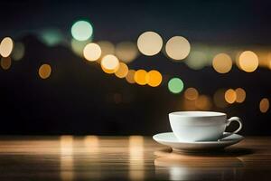 uma café copo senta em uma mesa dentro frente do uma paisagem urbana. gerado por IA foto
