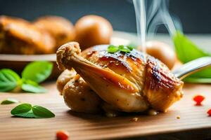 uma frango é ser cozinhou em uma de madeira corte borda. gerado por IA foto