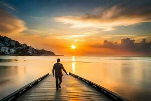 uma homem caminhando em uma cais às pôr do sol. gerado por IA foto