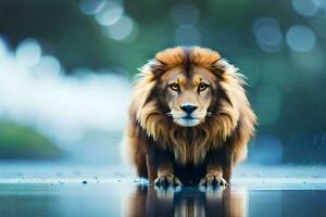 uma leão em pé dentro a água com uma embaçado fundo. gerado por IA foto