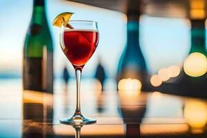 uma vidro do vermelho vinho com uma limão cunha. gerado por IA foto