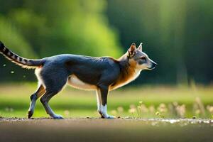 uma Raposa em pé em a estrada dentro a meio do uma campo. gerado por IA foto