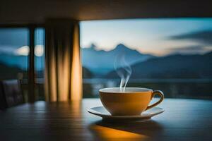 uma copo do café dentro a manhã, montanhas, montanhas, montanhas, montanhas, montanhas, montanhas. gerado por IA foto