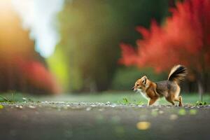 uma pequeno Castanho cachorro caminhando em a estrada. gerado por IA foto