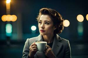 uma mulher dentro uma terno segurando uma café copo. gerado por IA foto