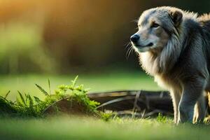 uma cachorro é em pé dentro a Relva com uma árvore dentro a fundo. gerado por IA foto