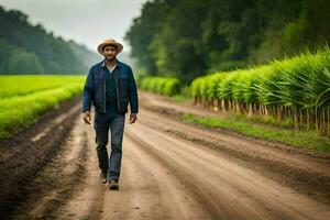 uma homem caminhando baixa uma sujeira estrada dentro frente do uma campo do açúcar bengala. gerado por IA foto