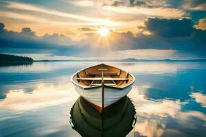 uma barco em a água às pôr do sol. gerado por IA foto