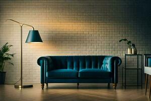 uma azul sofá dentro uma quarto com tijolo paredes. gerado por IA foto