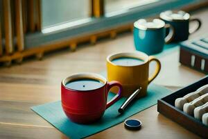 dois café copos sentar em uma mesa Próximo para uma caneta. gerado por IA foto