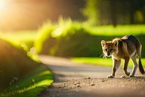 uma selvagem gato caminhando baixa uma estrada dentro a Sol. gerado por IA foto