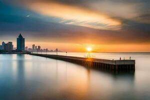 a Sol conjuntos sobre a cidade Horizonte dentro dubai. gerado por IA foto