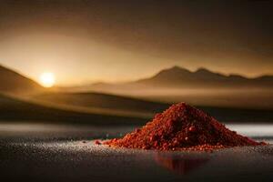 uma pilha do vermelho pó em uma mesa dentro frente do uma montanha. gerado por IA foto