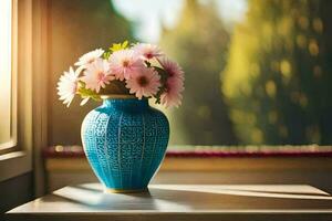 uma azul vaso com Rosa flores sentado em uma mesa. gerado por IA foto
