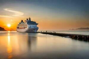 uma cruzeiro navio dentro a oceano às pôr do sol. gerado por IA foto