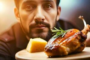 uma homem é segurando uma prato com uma frango em isto. gerado por IA foto