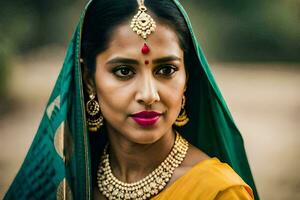 uma lindo indiano mulher dentro uma verde sári. gerado por IA foto