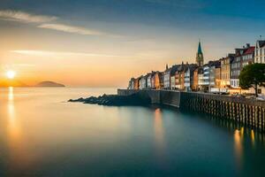 a Sol conjuntos sobre a cidade do Bergen, Noruega. gerado por IA foto