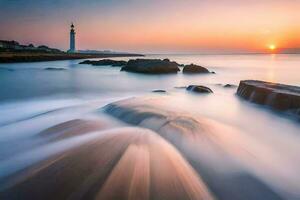 uma farol dentro a oceano às pôr do sol. gerado por IA foto