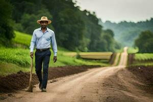 uma homem dentro uma chapéu e camisa caminhando baixa uma sujeira estrada. gerado por IA foto