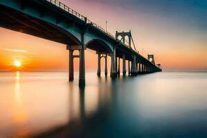 a Sol conjuntos sobre uma ponte dentro a oceano. gerado por IA foto