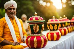 uma homem dentro a indiano equipamento senta Próximo para uma mesa com colorida vasos. gerado por IA foto