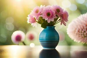 Rosa flores dentro uma azul vaso em uma mesa. gerado por IA foto