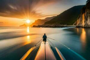 uma homem é em uma barco às pôr do sol. gerado por IA foto