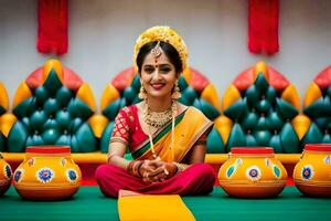 uma mulher dentro tradicional indiano vestuário senta dentro frente do potes. gerado por IA foto