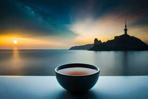 uma copo do chá em a de praia. gerado por IA foto