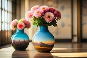 dois vasos com Rosa flores sentado em uma de madeira mesa. gerado por IA foto