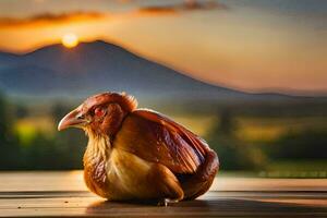 uma frango sentado em uma de madeira mesa com uma pôr do sol dentro a fundo. gerado por IA foto